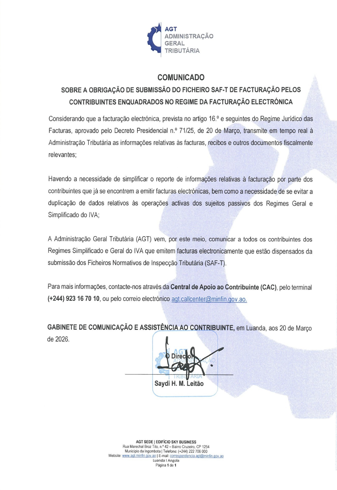 Official AGT comunicado dated March 20, 2026, confirming that e-invoicing taxpayers under the General and Simplified VAT regimes are exempt from SAF-T file submission